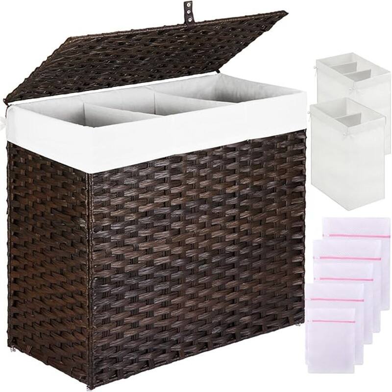 Laundry Hamper with Lid, 125L Large Clothes Hamper with 3-Section and 2-Section - 25.6"L x 13"W x 23.6"H - Brown