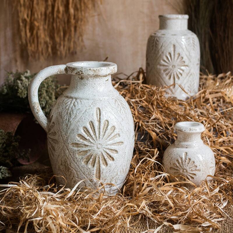 RusticReach Carved Floral Vase in White