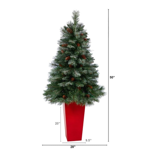 55" Snowed Artificial Christmas Tree in Red Tower Planter