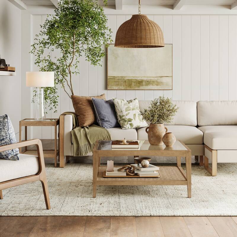 Hayes Glass Top Coffee Table with Solid Wood Frame and Rattan Bottom Shelf