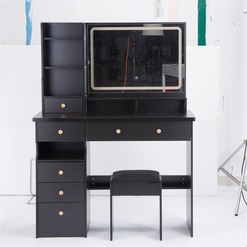 41" Large Left-Side Vanity Set with LED Mirror and Storage - Black