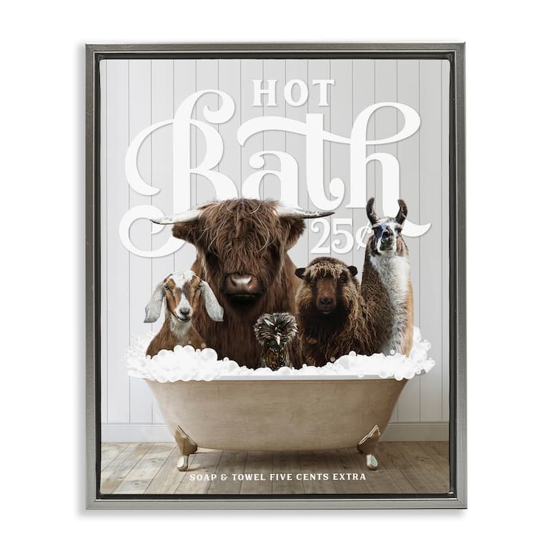 Stupell Farm Animals in Bath Framed Floater Canvas Wall Art Design by Lettered and Lined