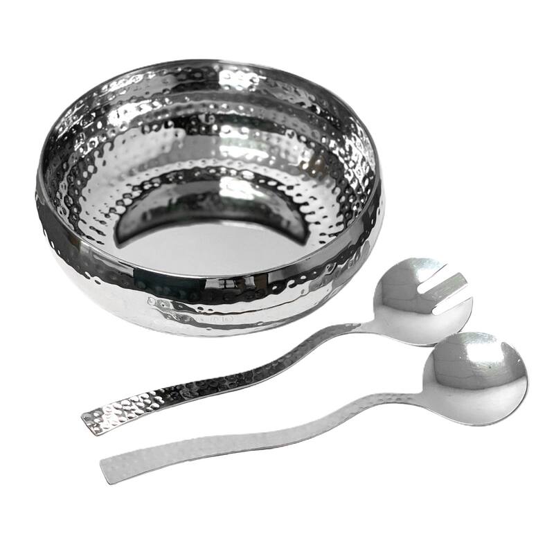 Sol Living Stainless Steel Salad Serving Bowl with Server Utensils, 3 Piece Set