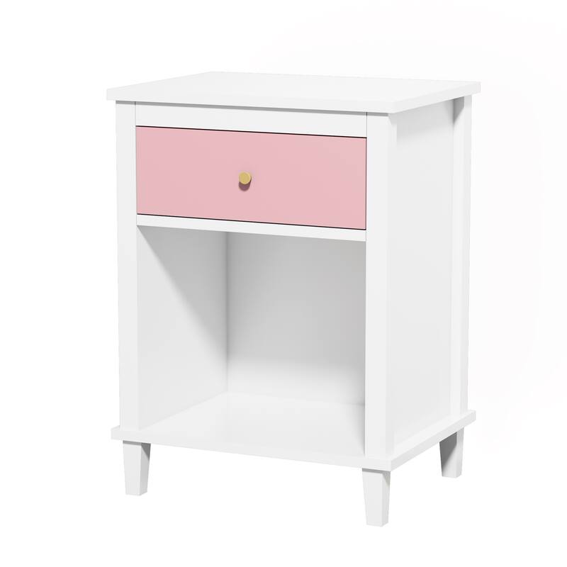 Wooden 2-Tier Kids Nightstand Small Side Table with Drawer and Open Shelf for Bedroom