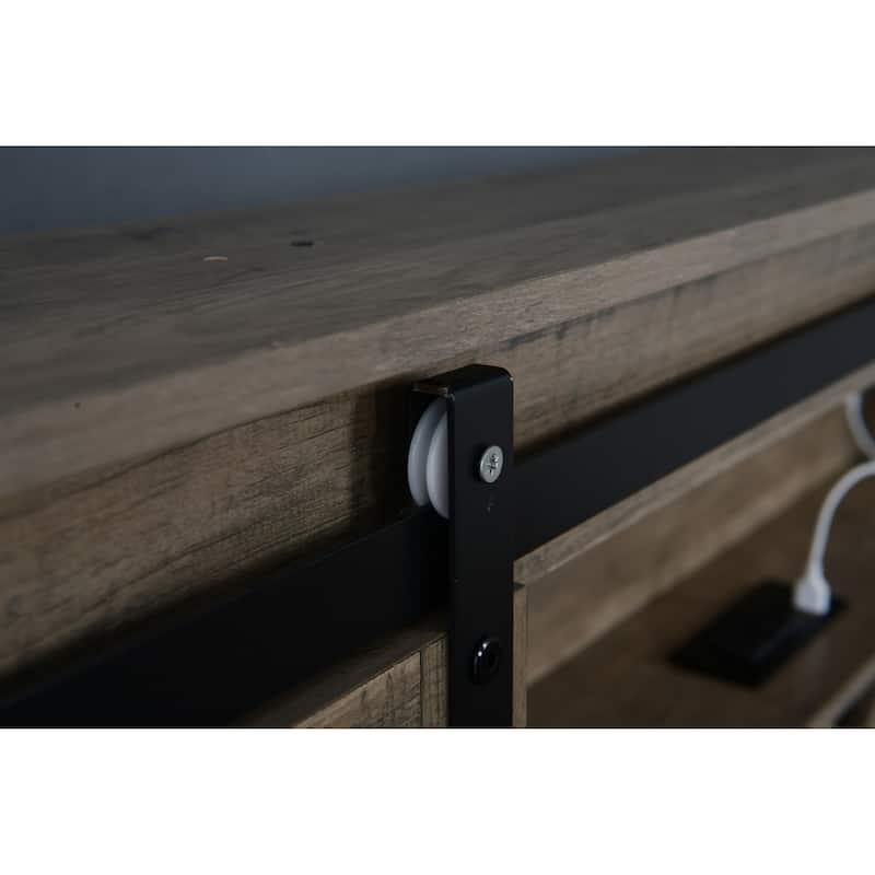 King/Queen Farmhouse Bed Frame with LED Lights, Charging Station & Barn Door Storage