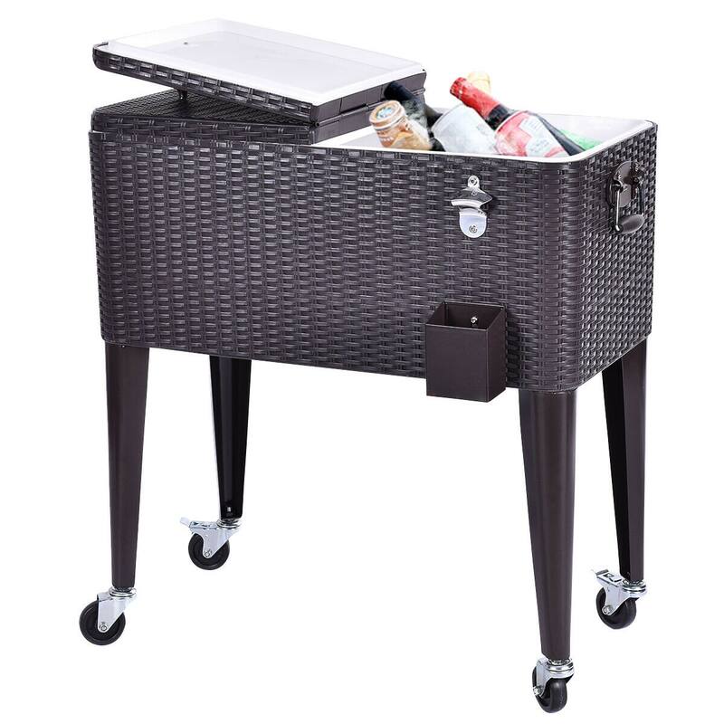 Costway Outdoor Rattan 80QT Party Portable Rolling Cooler Cart Ice
