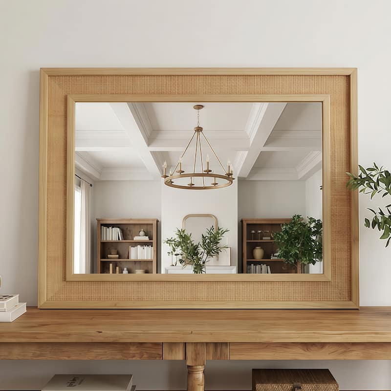 Rattan Rectangle Solid Wood Frame Decorative Mirror
