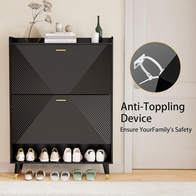 Slim Shoe Cabinet, Fluted Hidden Shoe Storage Cabinet with 2 Flip Drawers