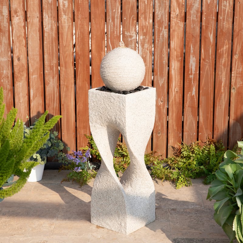 Glitzhome Modern Geometric Oversized Pedestal Sphere Polyresin Outdoor Floor Fountain with Pebbles - Off-White - 36.5"H