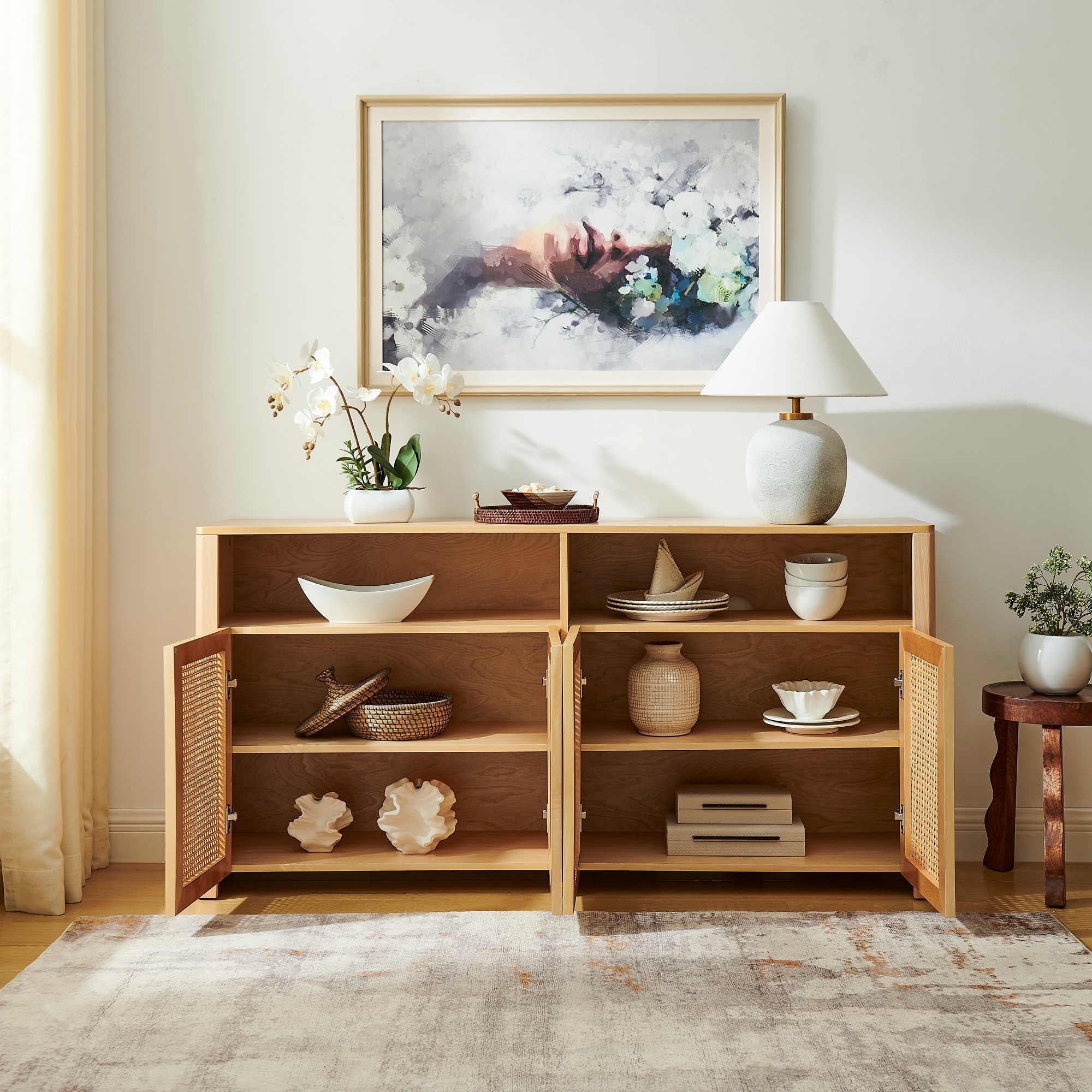 Boho Rustic 63" Rattan Sideboard Buffet Cabinet with Adjustable Shelves, Large Solid Wood Media Console Table