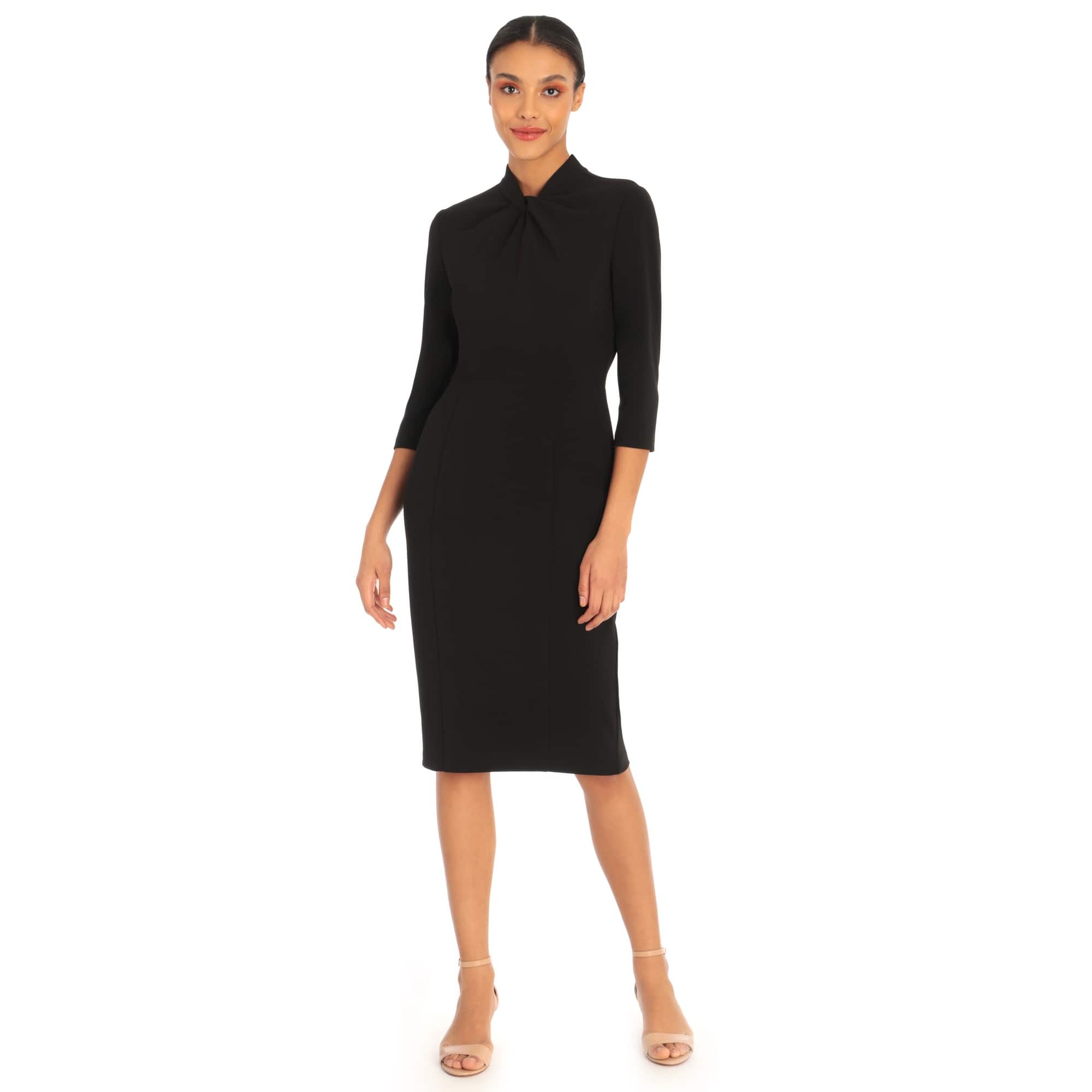 donna morgan black dress Short Sleeve Twisted-Knot Maxi / 8 The subtle side gathering creates gentle dimension while the precision tailoring ensures a flawless fit that moves with you from morning to midnight. Donna Morgan Women's Long-Sleeve Zip-Front