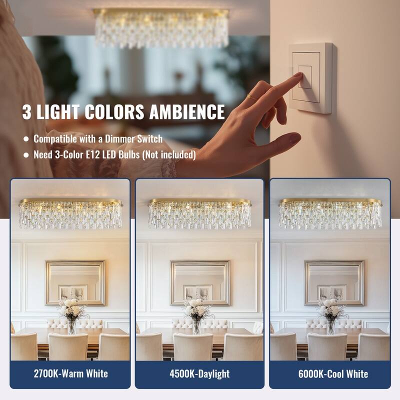 39.3 in. Brass Modern Luxury Crystal Chandelier Rectangular Flush Mount Ceiling Light for Dining Room Living Room
