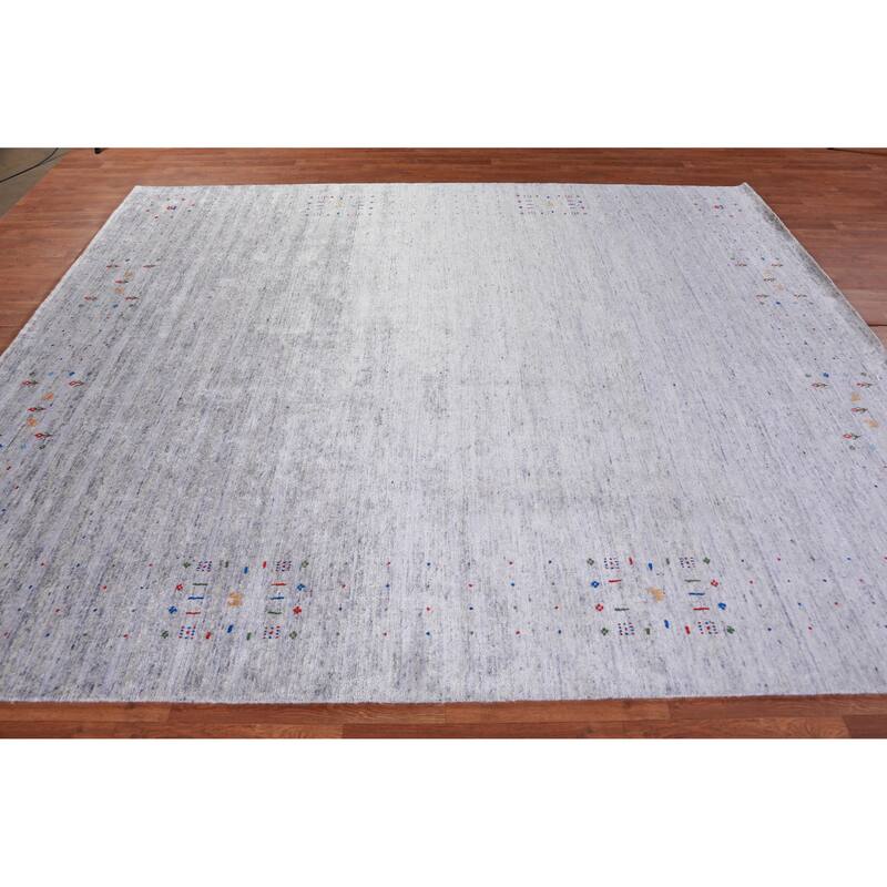 Hand Knotted Oriental Viscose Silk Carpet Tribal Stripe Greys & Charcoal Gabbeh Area Rug - 9' 8'' X 8' 2''