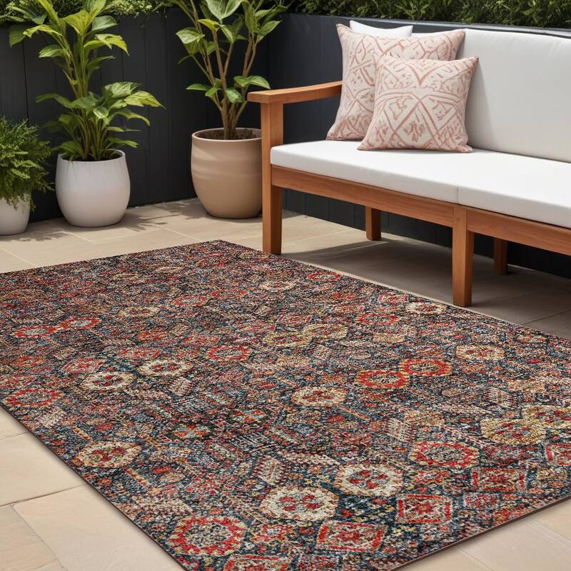 Paro Botanic Elegance Weather Resistant Classic Meets Modern Outdoor Rug - 9' X 12' - Red/Blue