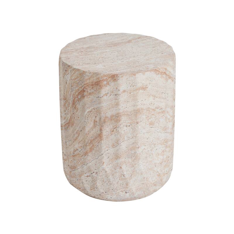Outdoor Indoor Lightweight Concrete Side Table, Cylinder Travertine Finish Accent Table - 18.47