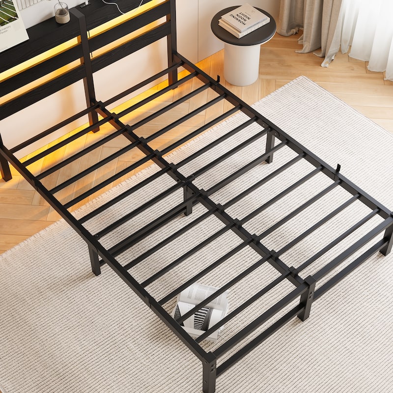 Full Size Modern Metal Bed with Wooden Headboard, RGB Lights