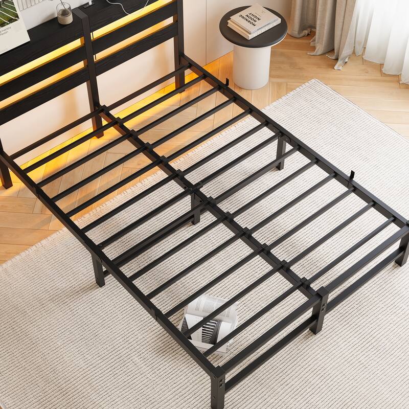 Modern Metal Bed with Wooden Headboard, RGB Lights & Storage Shelf