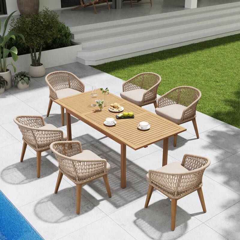 Outdoor Wooden Dining Table Set with 6 Woven Rope Chairs