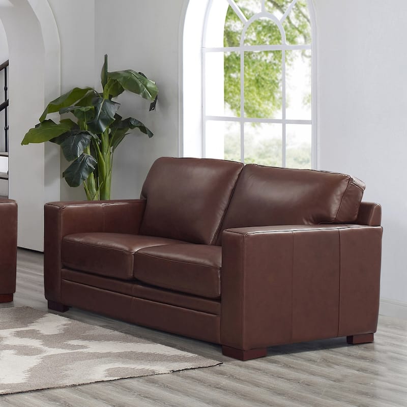 Hydeline Dillon Top Grain Leather Loveseat With Feather, Memory Foam and Springs