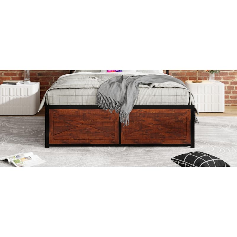 Roomfitters King Metal Platform Bed Frame with 12 Storage Drawers, Illuminated Bookcase Headboard, Charging Station, Black