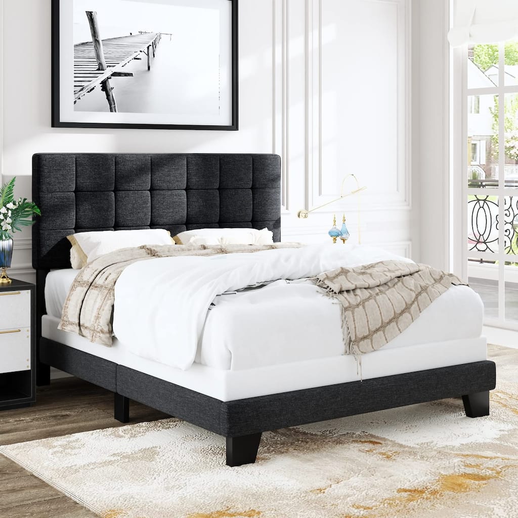 Full Panel Bed Frame with Adjustable Headboard for High Profile/Fabric Upholstered/Square Stitched Padded Headboard
