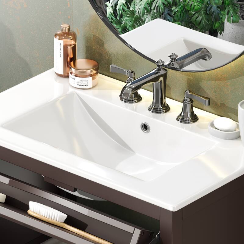 30" Storage Cabinet with Glass Doors, Bathroom Vanity with Ceramic Sink, Adjustable Shelf, Tip-Out Tray and Silver Metal Knobs