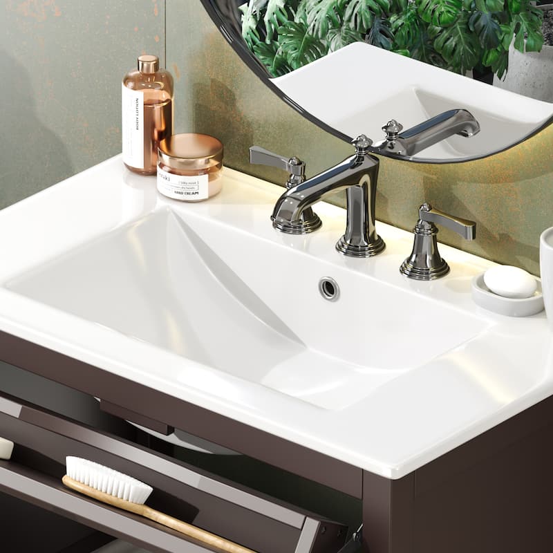 30"Bathroom Vanity with Ceramic Sink, Adjustable Shelf and Tip-Out Tray, Solid Wood Legs, Metal Knobs and Soft Close Hinges