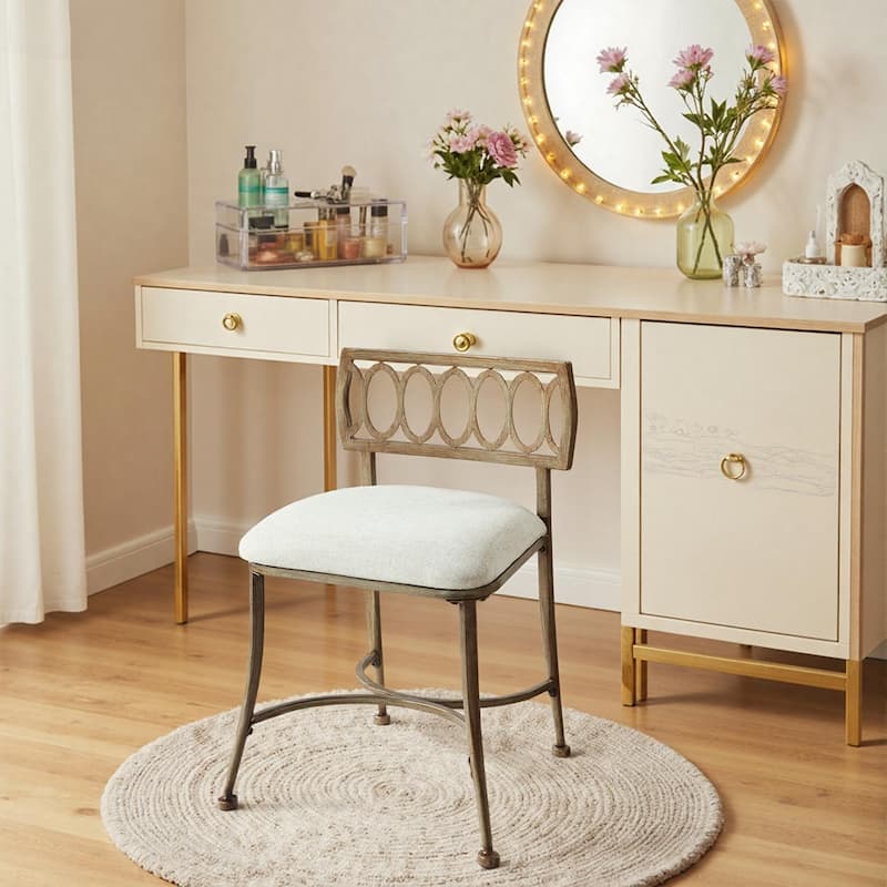 Azalea Park Gold Low Back Upholstered Vanity Stool - Golden Bronze & Natural Linen - 17.13 W x 17.13 D x 25.98 H"