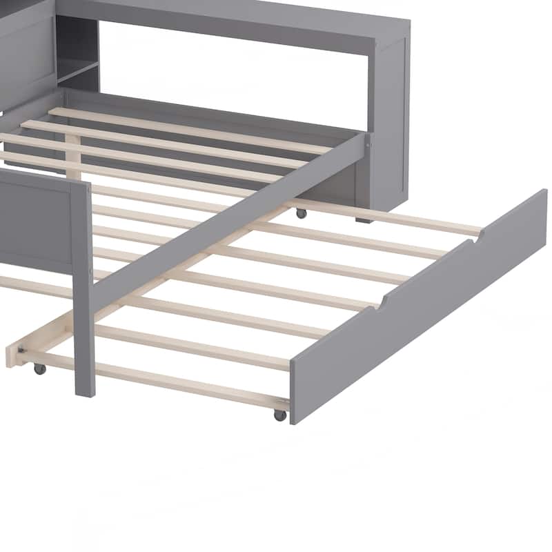 Wooden Full Size Daybed with Storage Shelves, Multi-functional Bed with Twin Size Trundle Bed