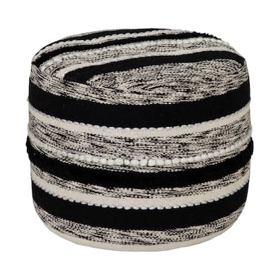 18" Black and White Geometric Striped Hand Loomed Round Pouf Ottoman