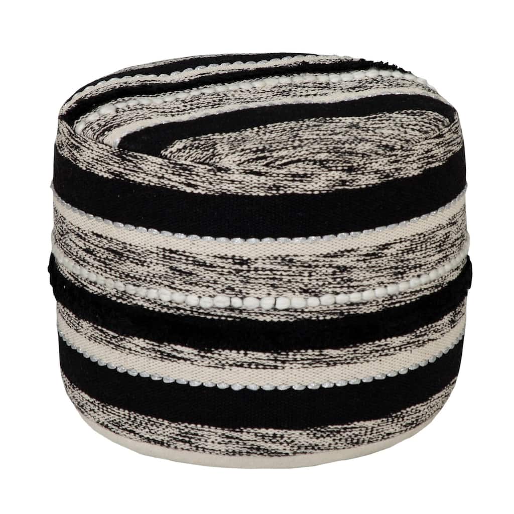 18" Black and White Geometric Striped Hand Loomed Round Pouf Ottoman