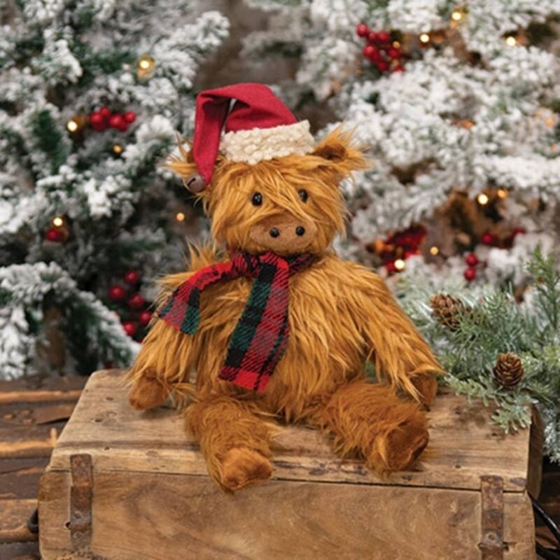 Fuzzy Highland Cow Shelf Sitter with Scarf Holiday Decor - 12” x 6” x 3”