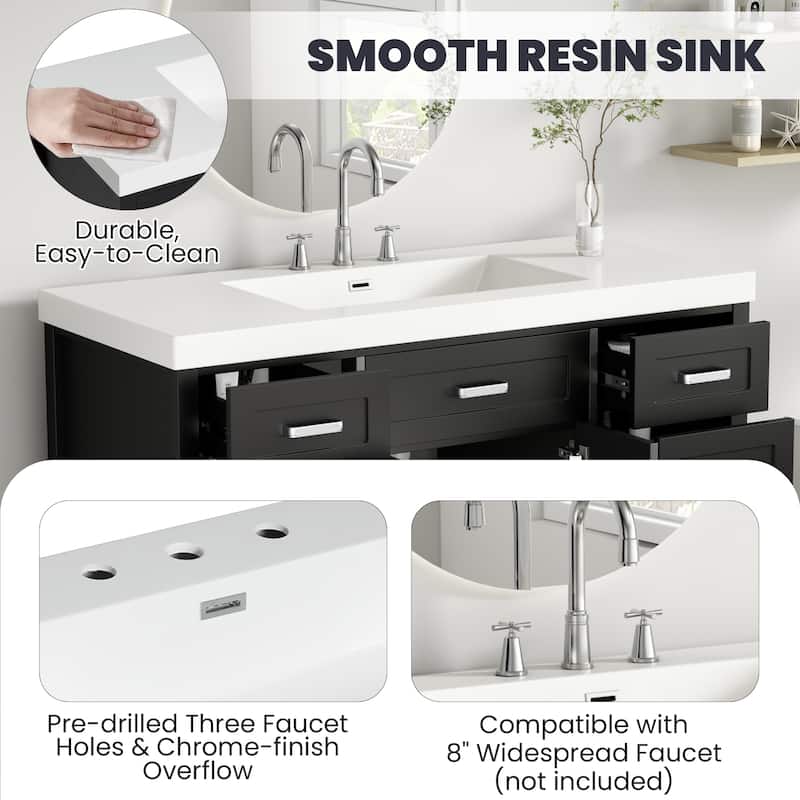 48" Freestanding Bathroom Vanity with Sink, 2 Doors, 8 Soft-Close Drawers, Resin Top and Storage Cabinet