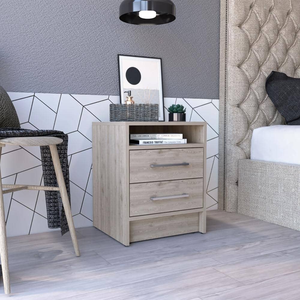 Light Gray Nightstand with Two Drawers and Open Shelf, Metal Handles