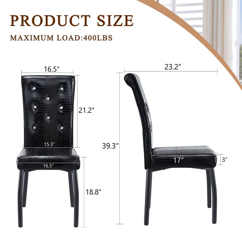 A set of 4 white and black vintage crocodile leather cushioned dining chairs, featuring crystal clasp design and leather