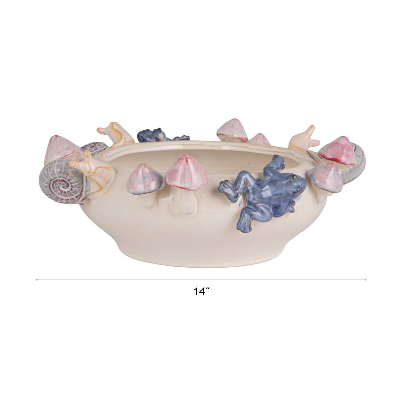Stoneware Planter with 3D Snails, Mushrooms, and Frogs in Reactive Glaze - 14.0"L x 11.75"W x 5.5"H
