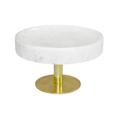 White Marble Cake Stand w/ Aluminum Base - Gold Finish -ST - White/Gold