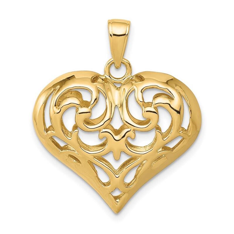 Curata 14k Yellow Gold 18" 3-d Sparkle-Cut Open Filigree Heart Pendant Necklace