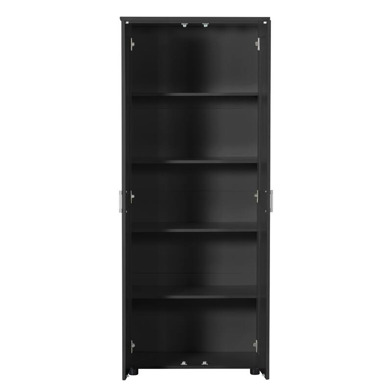 Roomfitters Tall 2-Door Storage Cabinet with 5-Tier Adjustable Shelves, Modern MDF Linen Tower for Bathroom & Office, Black