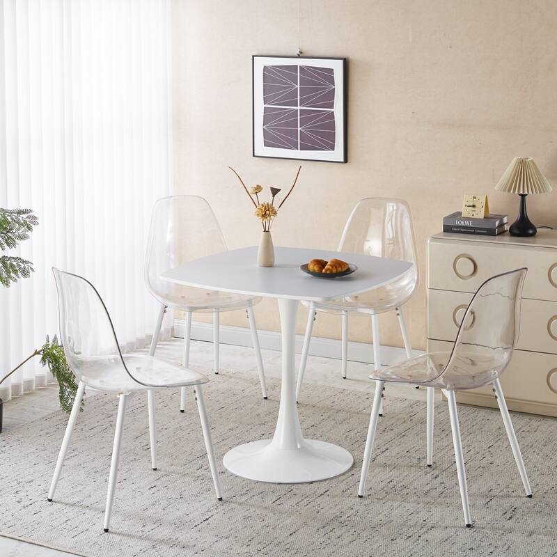 5-Piece Set, Pedestal Dining Table and 4 Transparent Plastic Chairs - White
