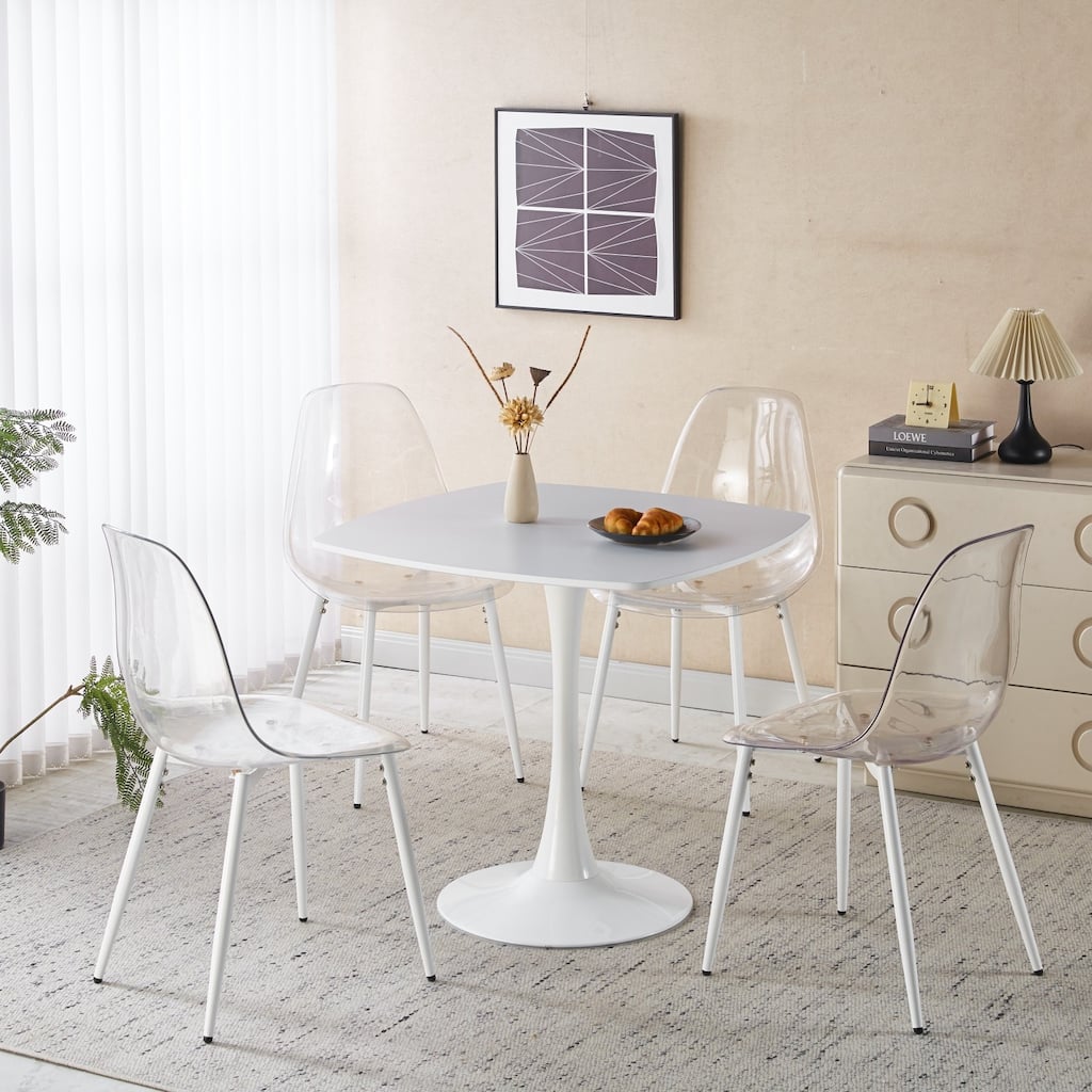 5-Piece Set, Pedestal Dining Table and 4 Transparent Plastic Chairs