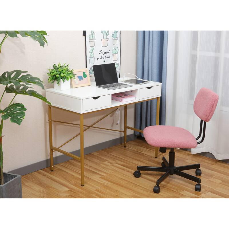 JJS 40" Modern Office Desk Large Computer Desk with Power Outlet, USB Port & Drawer, Home Workstation