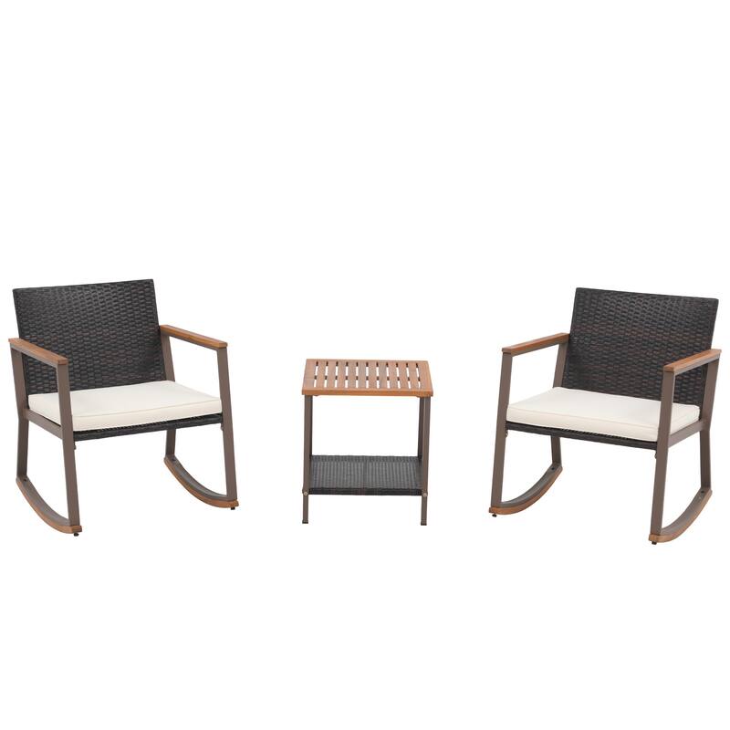 3 Piece Rocking Chair Patio Bistro Set Balcony Chairs Conversation Sets With Coffee Table & Cushions