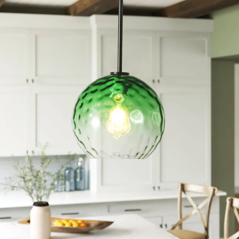 1-Light Modern Gold/Black Metal Hanging Pendant with Green Hammer Textured Glass Shade for Kitchen Island, Living room - Black/Green