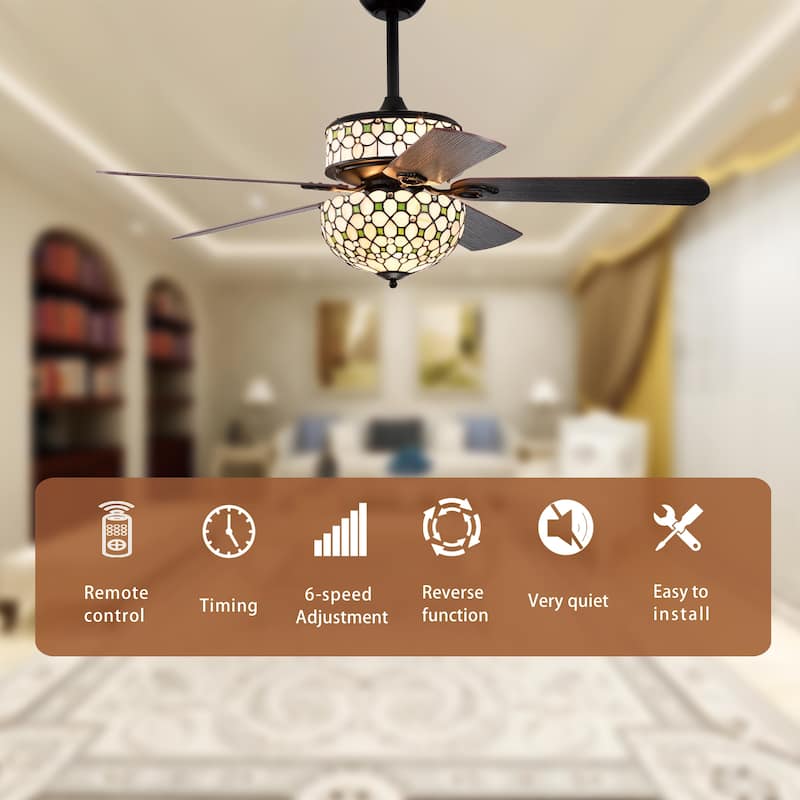 Guarvey 52-Inch Flushmount Two-Tiered Lighted Ceiling Fan Ivory Tiffany Glass Lamp Black Finish