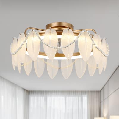 Oaks Aura 20in. Gold Feather Shaped Crystal 6-Speed Modern Flush Mount Ceiling Fan with Lights and Remote and App Control