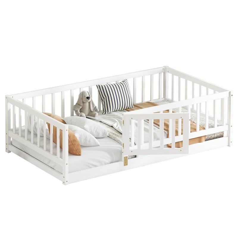 Kids Montessori Floor Bed for Kids, Girls, Boys, Solid Wood Floor Bed Frame with Fence and Door, No Box Spring Needed