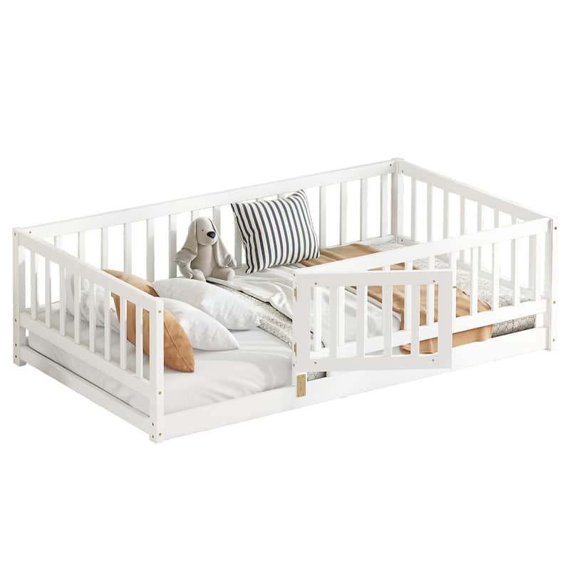Twin Size Montessori Floor Bed with Fence & Door, Wooden Low Profile Kids Bed with Slats, White
