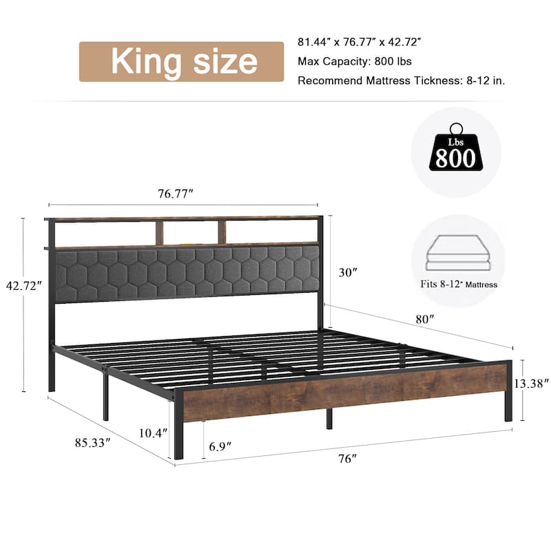King Size Platform Bed Frame with USB Charging, Underbed Storage, and Noise-Free Design