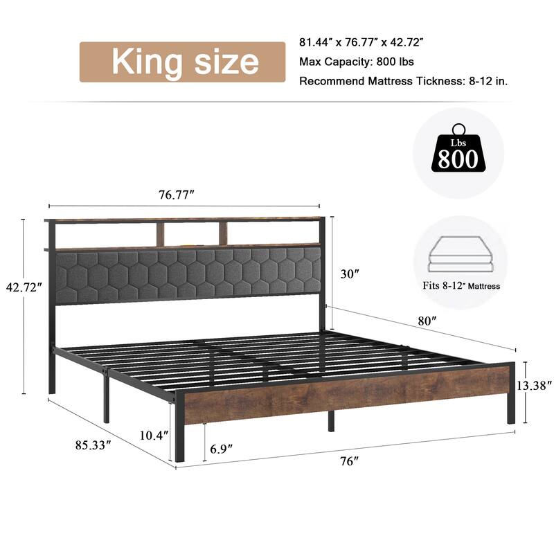 Roomfitters Wood Platform Bed Frame with Upholstered Headboard, Charging Station, No Box Spring Needed, Brown